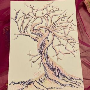 Unframed Original Art Drawing Illustration Twisted Colourful Tree Alberta Artist